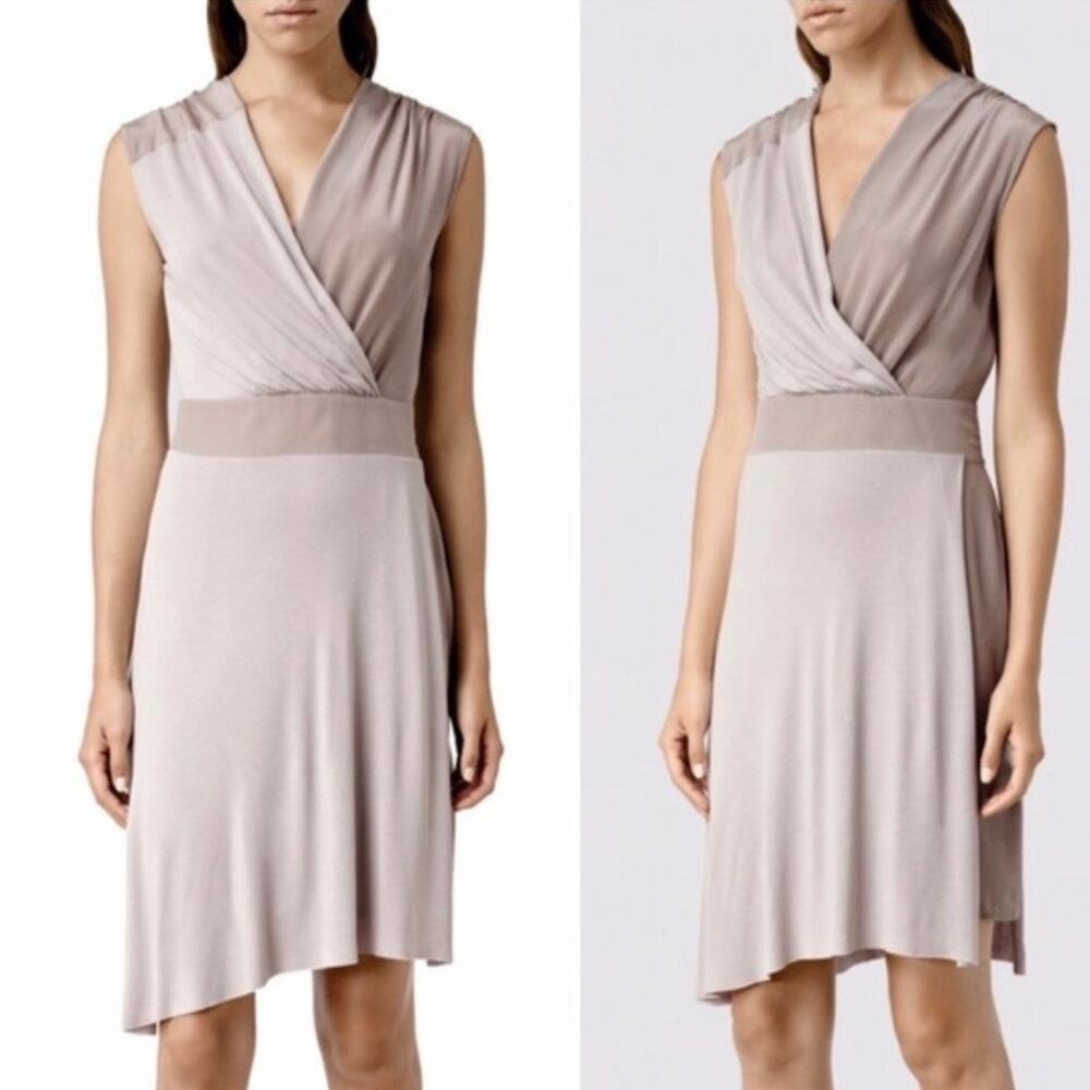 All Saints Zuri Asymmetrical Silk Wrap Dress Two Tone Taupe/Ash Women's Size 4